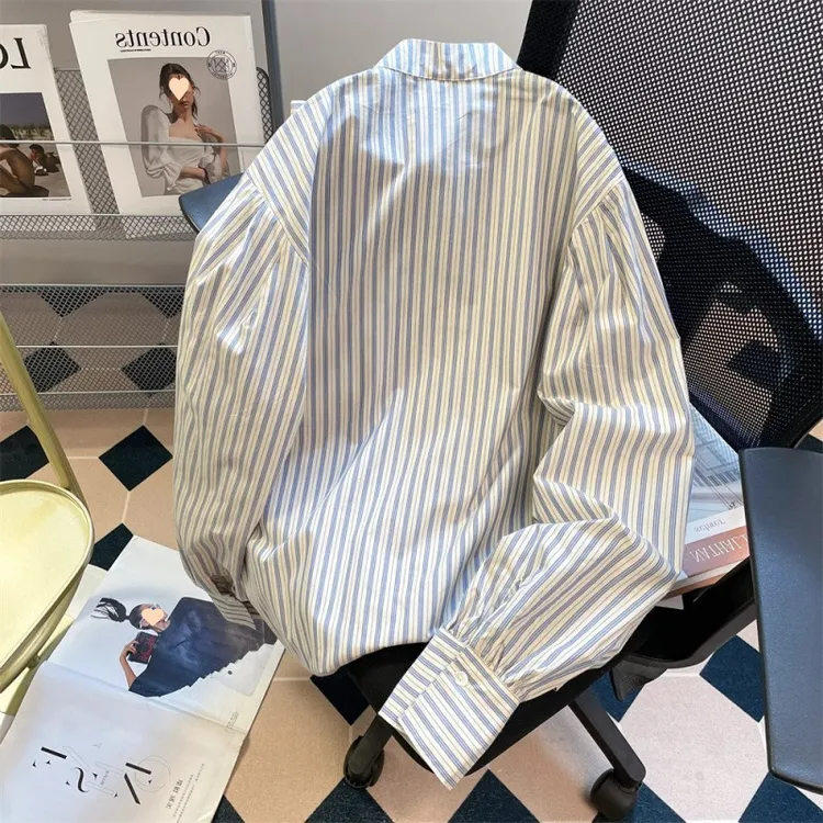 蝴蝶结绑带竖条纹蓝色衬衫女秋季设计感小众叠穿宽松衬衣长袖上衣