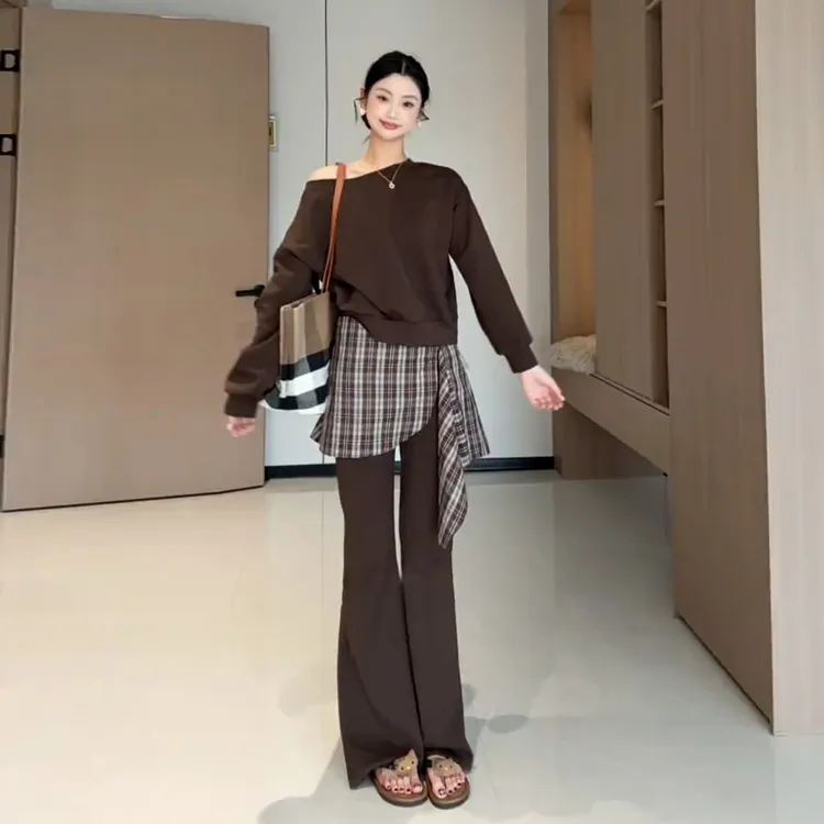 2025新款韩系高级感穿搭一整套女早秋季运动休闲斜肩卫衣两件套装