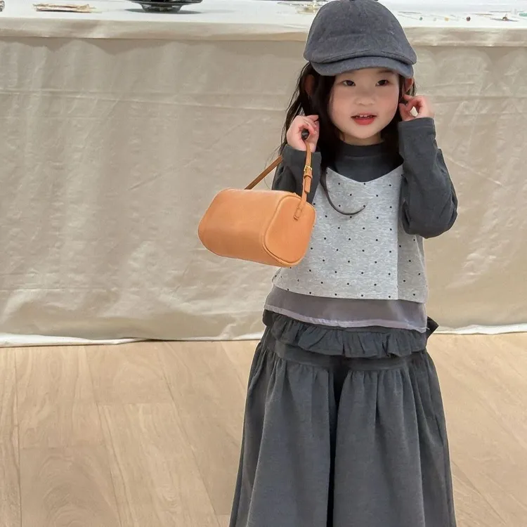 2025秋季新款童装韩版童女童时尚波点吊带+底衫休闲风阔腿裤