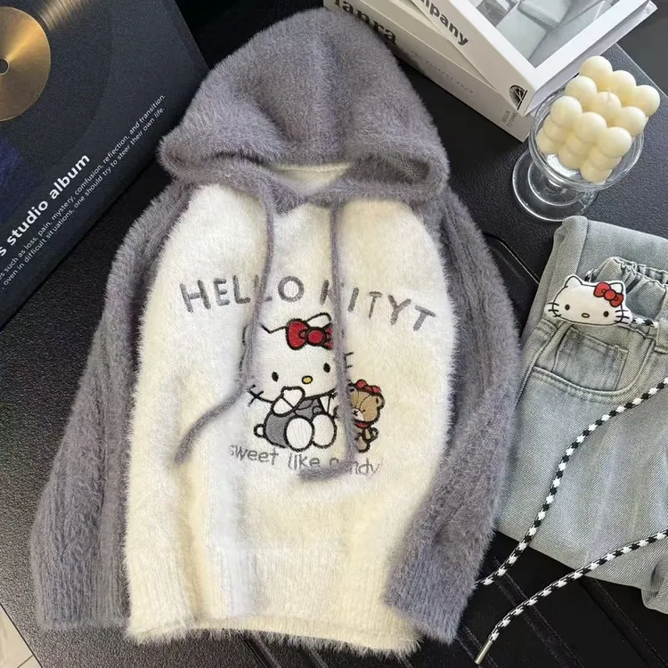 女童秋冬季加厚毛衣新款2025儿童卡通连帽撞色上衣冬季加绒牛仔裤