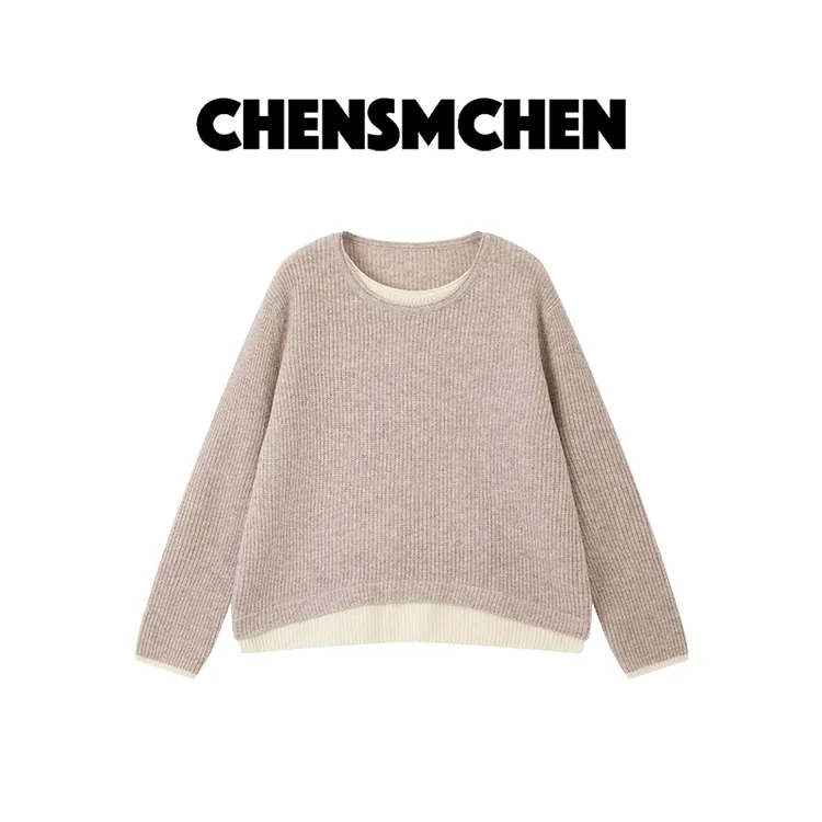 CHENSMCHEN 100绵羊毛假两件针织衫女百搭宽松显瘦上衣CSZ10244SL