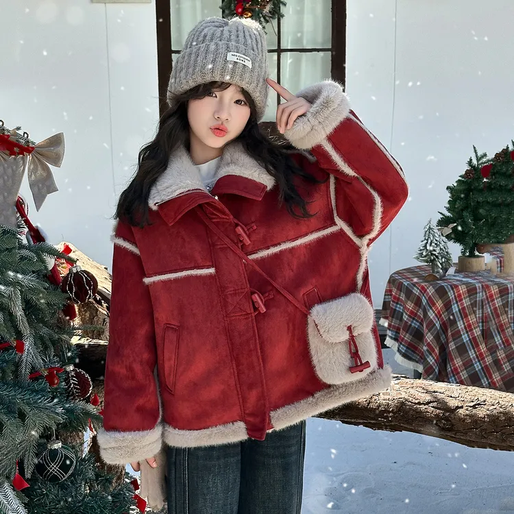 女童冬装外套2025新款加绒加厚上衣大童女孩冬季过年红色拜年服