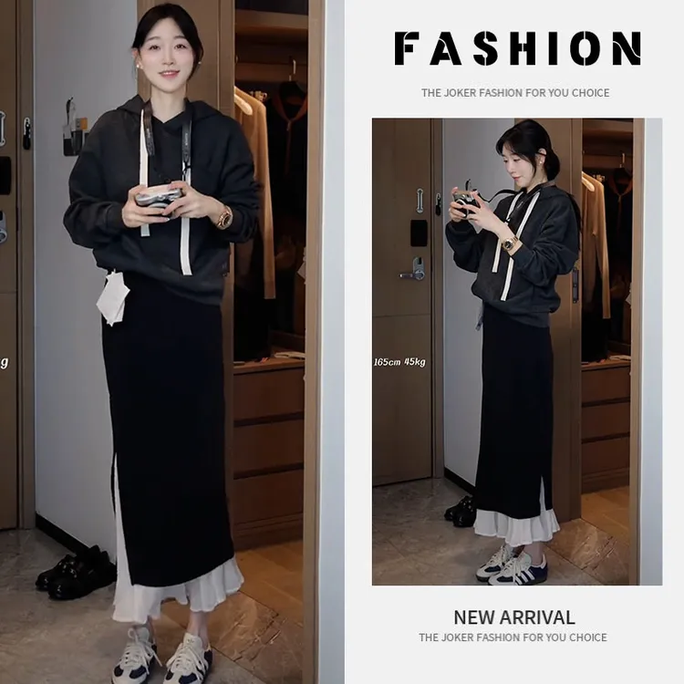 早春一整套女装2025新款韩版慵懒风连帽卫衣包臀鱼尾半身裙两件套