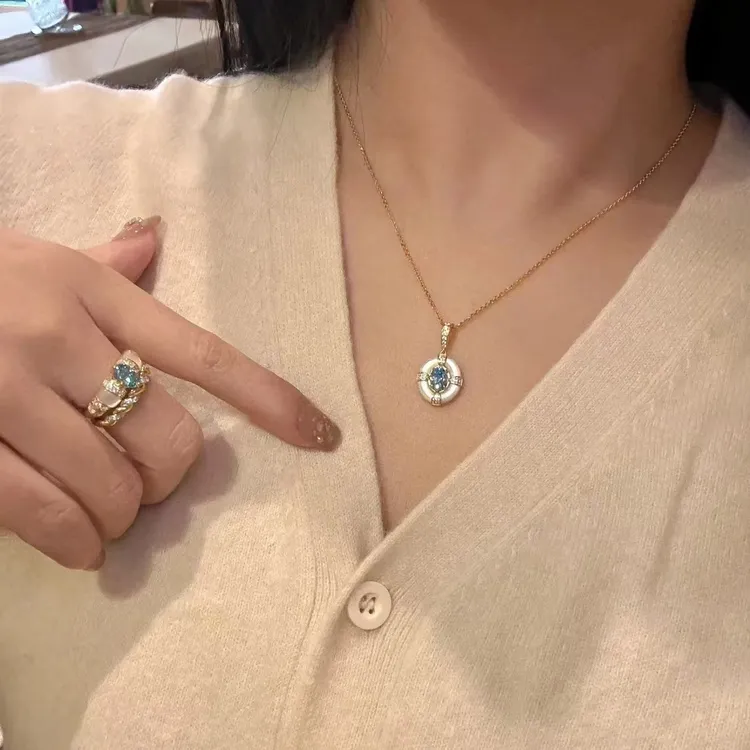 合金锆石戒指 YOUBAO/有宝 梦幻海蓝白蝶贝中古风宫廷项链指环