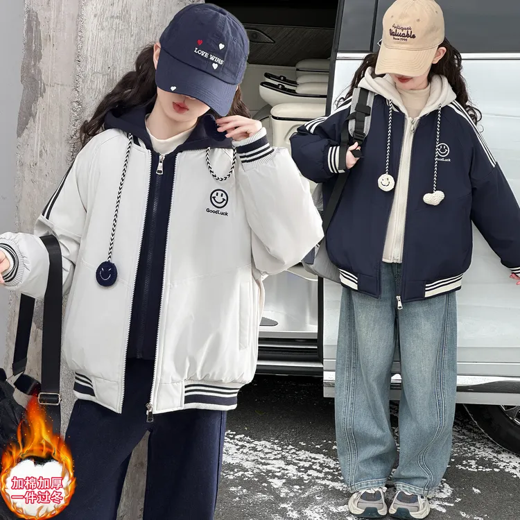 女童加绒假两件棉服外套女孩打底冬季潮款厚款秋冬连帽潮冲锋衣潮