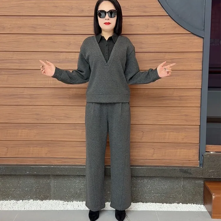 （2C320）2025年冬季新款加绒POLO领时尚洋气显瘦 遮肉 直筒裤 套装