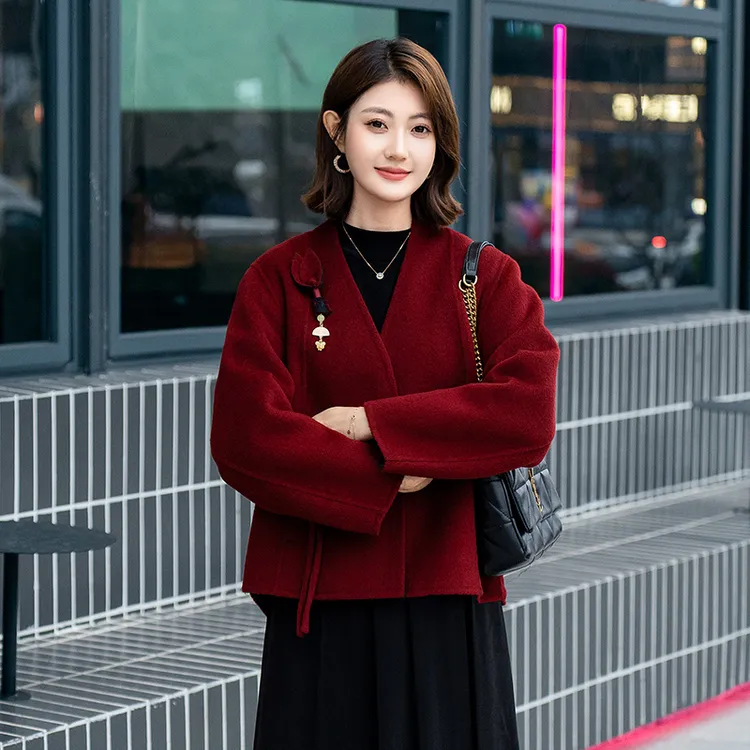 高贵喜婆婆婚宴礼服国风羊毛双面呢大衣红色中老年女妈妈毛呢外套