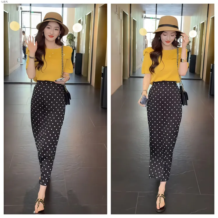 夏季百搭减龄纯色短袖针织上衣淑女气质波点裙子
