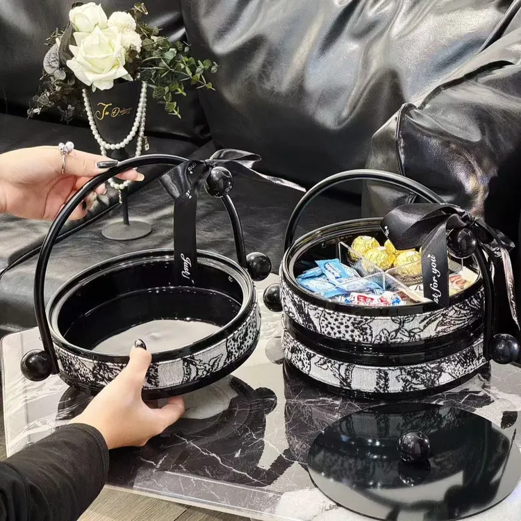 丛林复古风干果盘陶瓷客厅茶几带盖皮革旋转水果零食手提摆放盘