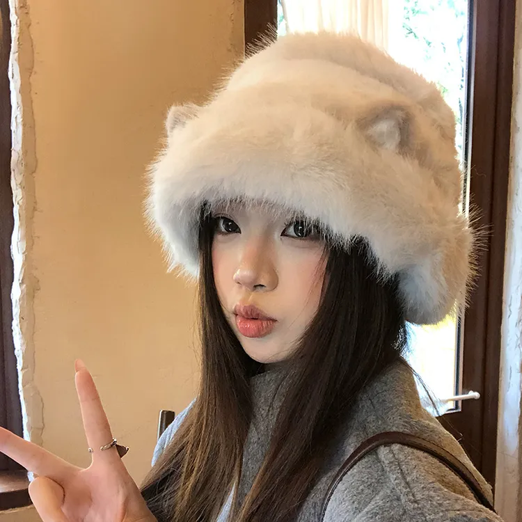 可爱猫咪耳朵渔夫帽女冬季2025新款防寒保暖毛绒帽子大头围盆帽