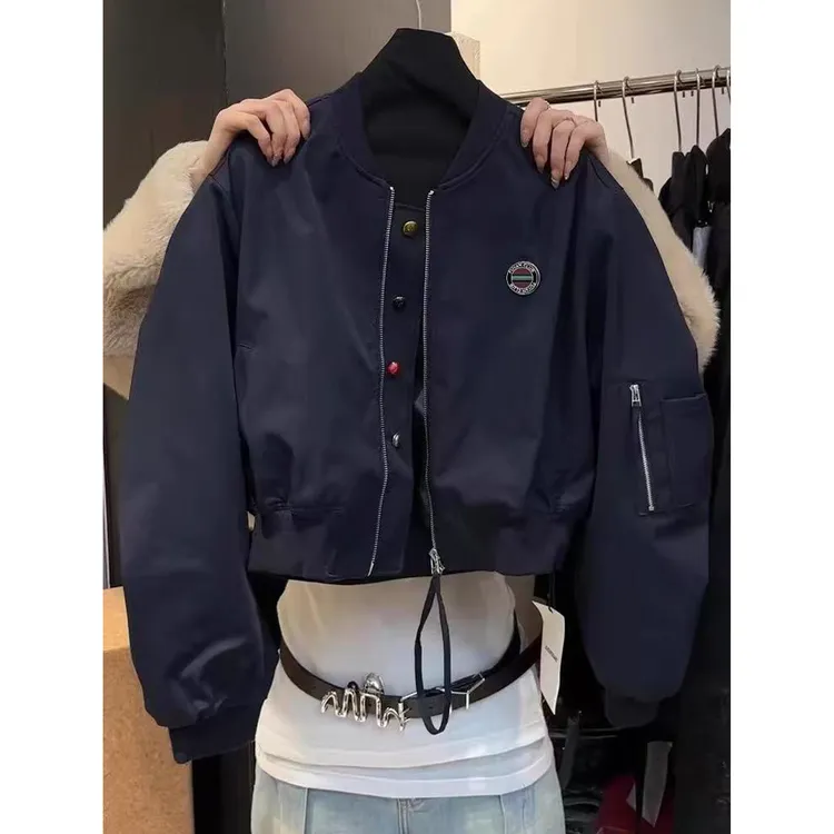 藏蓝色棒球服外套女2025春秋季新款美式vintage高街情侣飞行夹克