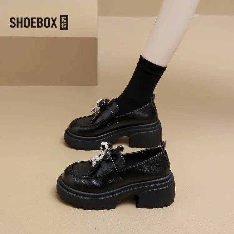SHOEBOX鞋柜珍珠蝴蝶结厚底乐福鞋女2025款秋季黑色英伦风小皮鞋