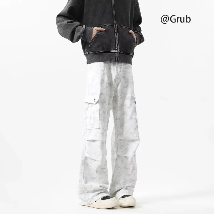 潮牌扎染伞兵工装裤男秋高街宽松大理石纹阔腿休闲裤青少年四季通