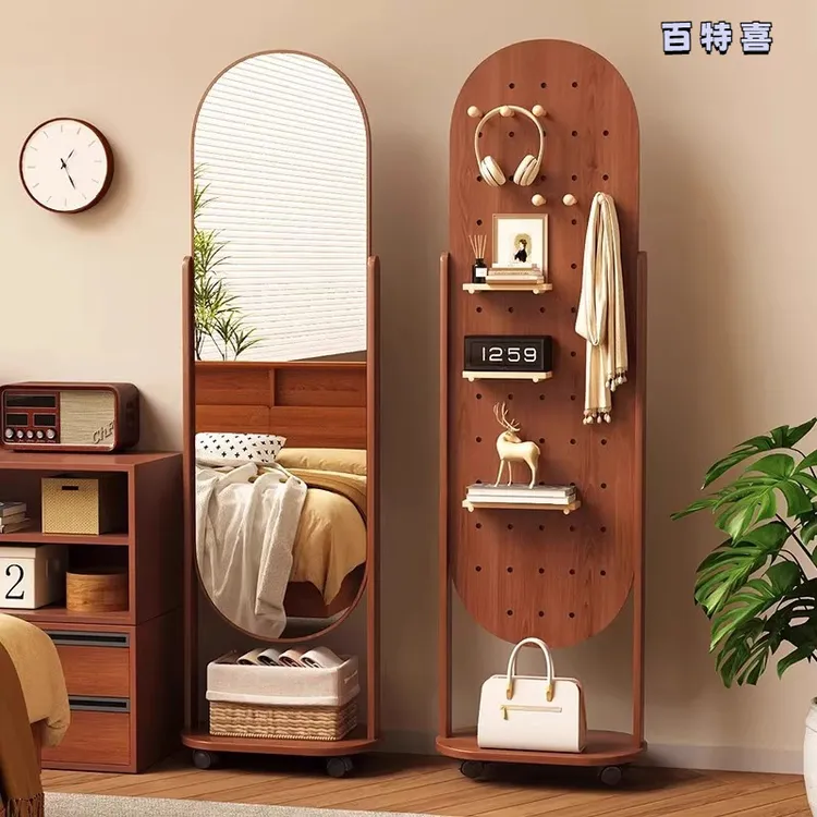 全身镜落地镜家用洞洞板穿衣镜旋转可移动衣挂架一体镜子试衣镜