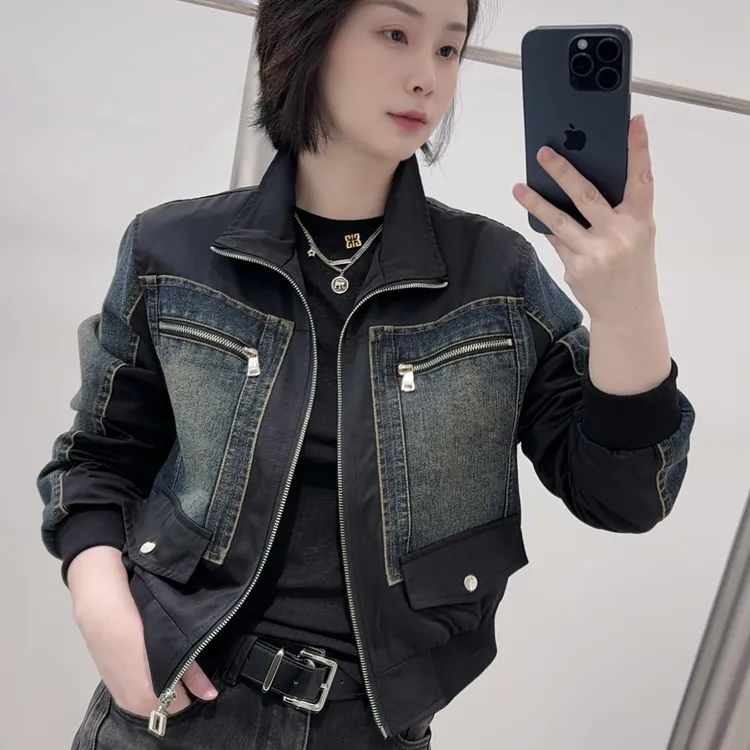 【920】秋季女复古港风翻领短款牛仔外套春秋宽松百搭短外套