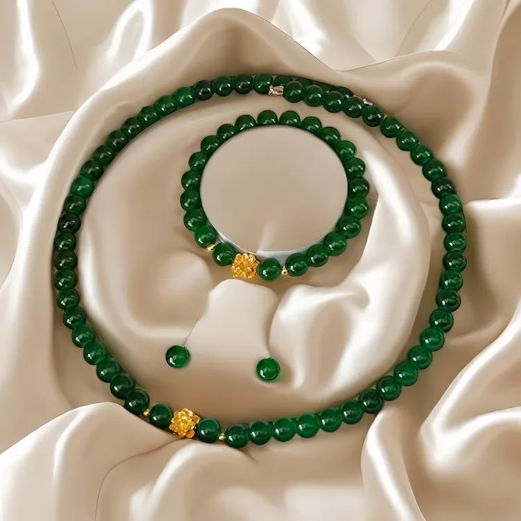 合金仿水晶项链 贵妇三件套满绿高级贵气典雅莲花妈妈饰品
