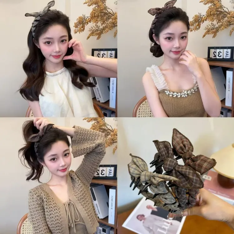 早秋学院风格纹蝴蝶结发箍高级感百搭可爱头箍日常简约发饰