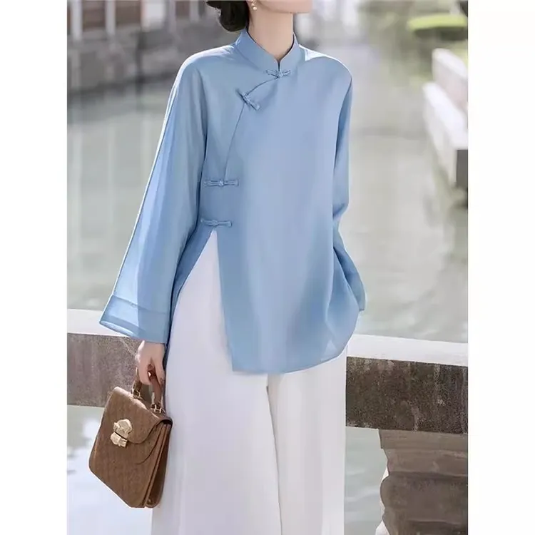 新中式国风多巴胺穿搭高级小众不撞款蓝色盘扣衬衫上衣女2025春季