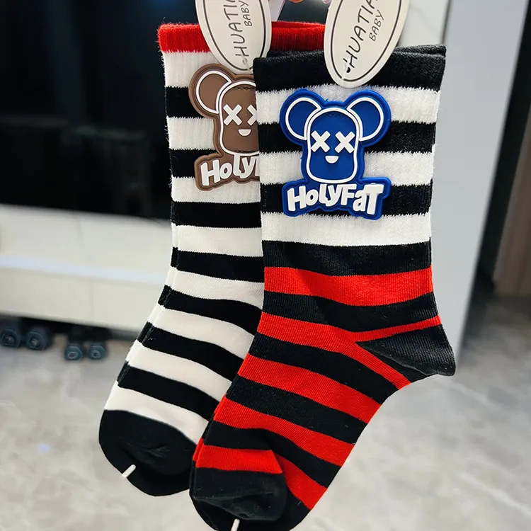 【5双】夏季黑白熊儿童袜男孩棉袜中筒袜男饰品袜子条纹运动袜日系