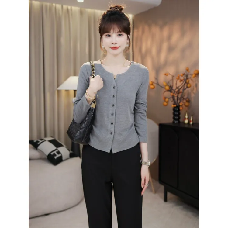 LMENY“捏褶掐腰T”回购~两侧褶皱开扣正肩小V领显瘦长袖T恤25CT022