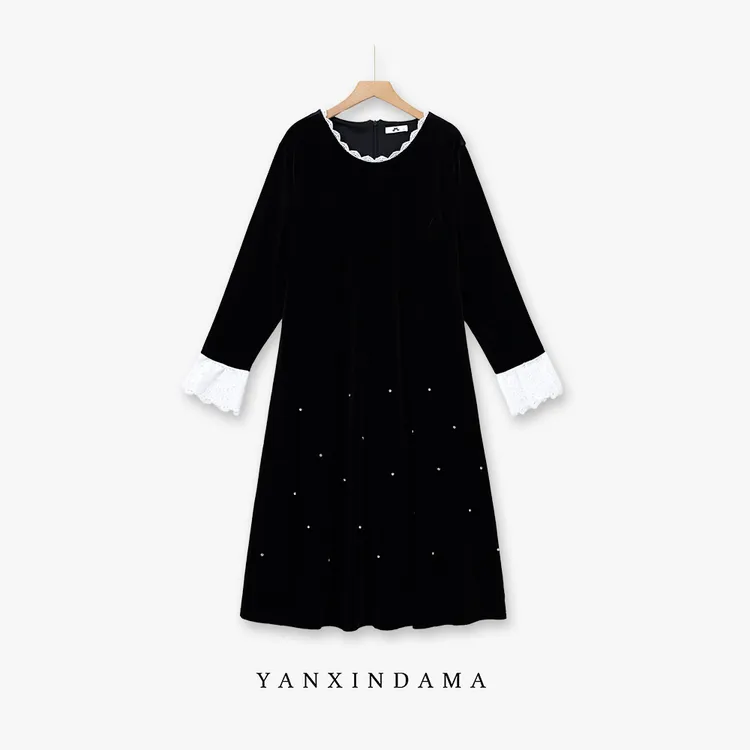 【岩心】大码女装300斤胖MM时尚法式简约显瘦温柔风长袖连衣裙10266