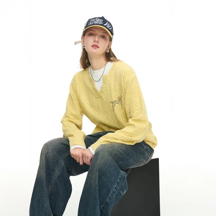 美式复古印花假两件绞花毛衣女秋季新款修身打底针织衫套头上衣