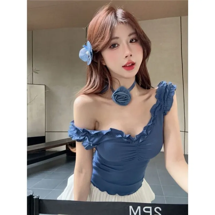 辣妹蓝色木耳边v领褶皱吊带背心女夏季紧身内搭打底短款外穿上衣