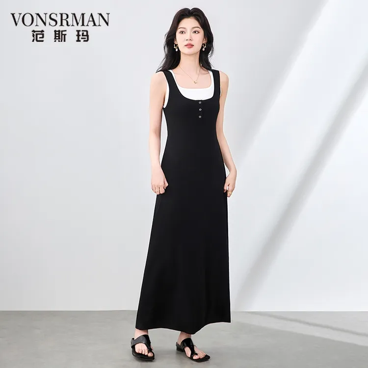 2025夏季新款女装气质高端时髦休闲假两件针织连衣裙无袖背心裙女