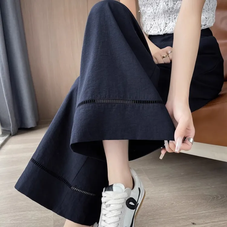 藏青色镂空阔腿裤女夏季2025薄款冰丝西装裤时尚休闲九分直筒裤子