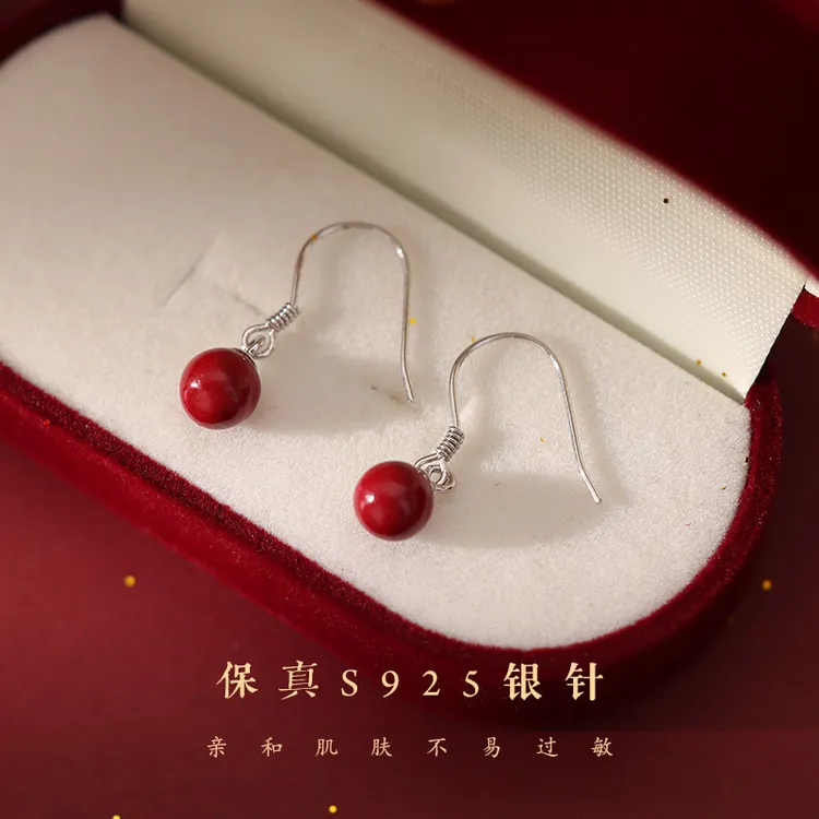 含辰砂工艺品耳钩款925纯银女吉祥新款潮红色圆珠子耳坠古风耳饰