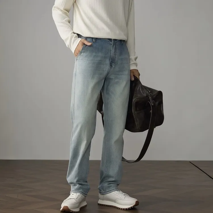 秋冬新款浅蓝色水洗加绒牛仔裤男美式潮牌宽松直筒阔腿休闲裤