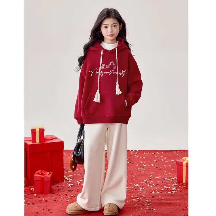 25WY096女童加绒连帽卫衣冬装年服新款女孩套头过年上衣大童冬季