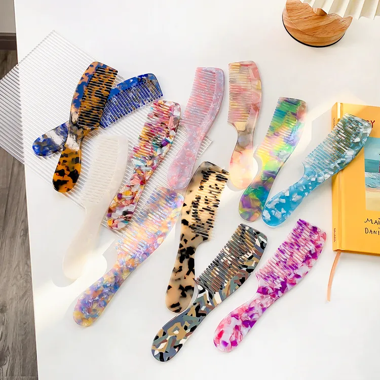 高品质精品手柄发梳顺发不伤发圆齿醋酸梳子防静电幻彩便携梳头梳