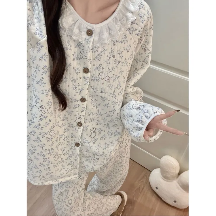 公主风碎花兔子睡衣女士秋冬季新款加厚保暖圆领套装家居服可外穿