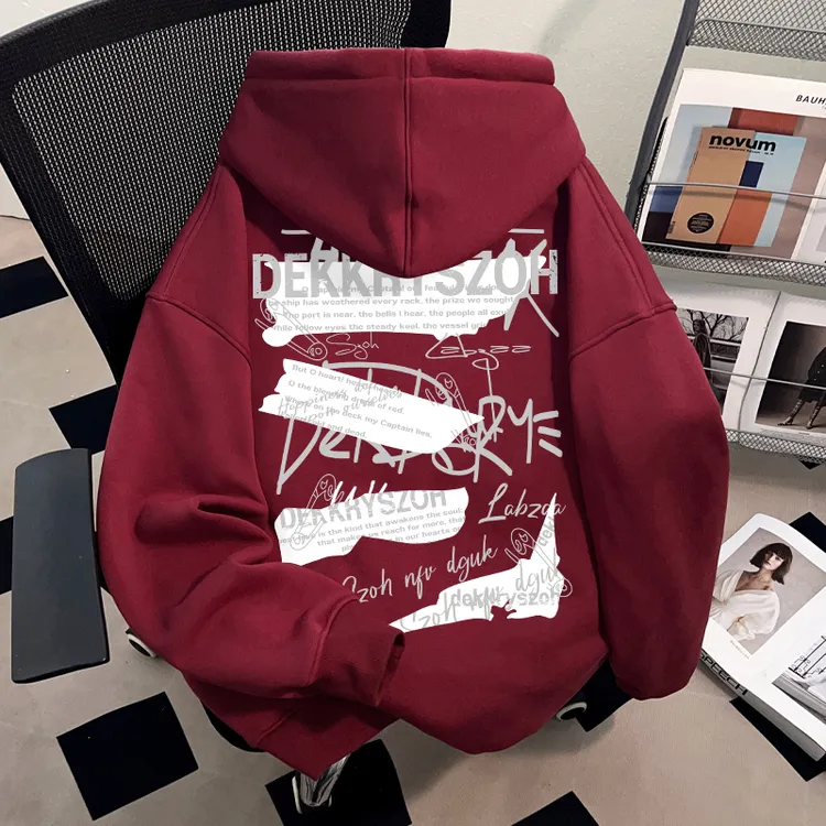 Dekkry潮流慵懒风酒红色连帽卫衣男女款秋冬创意字母印花加绒上衣