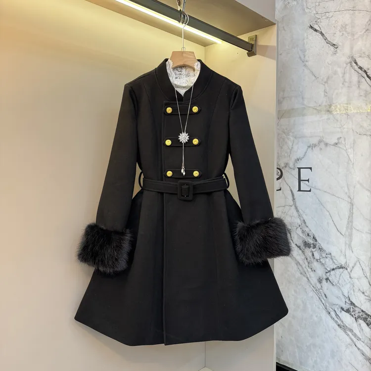 2025冬宽松时尚系带收腰赫本风毛呢贵气老钱风保暖中长款外套5992