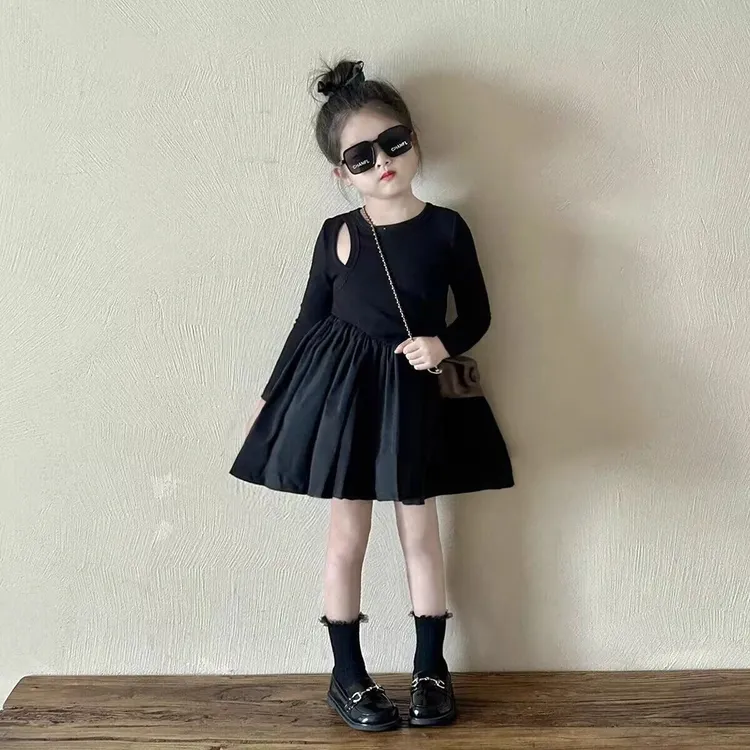 女童春季连衣裙长袖赫本风小黑裙2025新款韩版女孩甜辣风蓬蓬裙