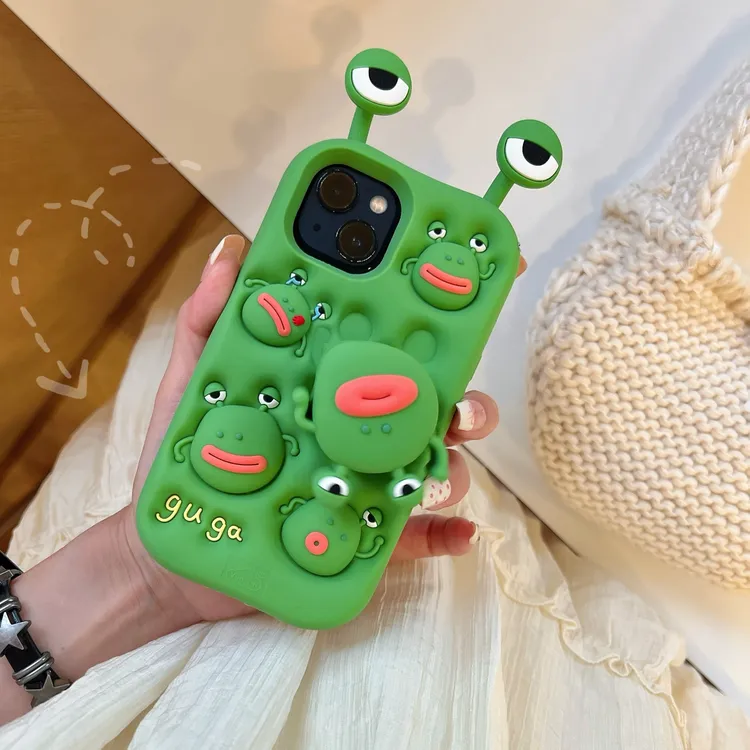 适用【苹果华为】可爱旋转支架香肠嘴青蛙iPhone16手机壳15立体硅胶