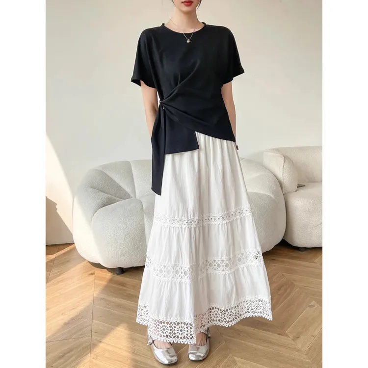 白色镂空蛋糕半身裙女2025新款夏季松紧腰洋气高腰中长款a字裙子