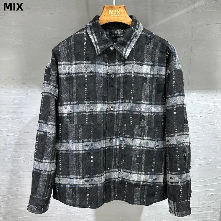 2025秋季复古扎染磨破格纹潮流男款格子微宽松衬衫外套9071
