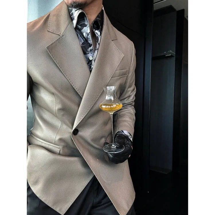 DRUNKCORNER 【绵羊皮+荔枝纹】双排平驳领皮西服时尚修身男士真皮