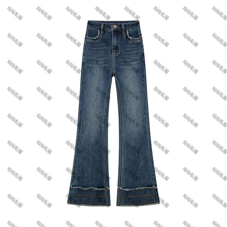 灿灿私服【纽约旧刊】秋季新款高腰水洗高弹设计师毛边百搭微喇裤