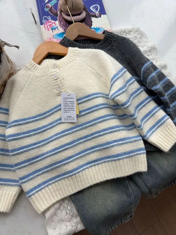 儿童套头圆领学院风条纹毛衣针织衫上衣童装小童百搭毛线衣