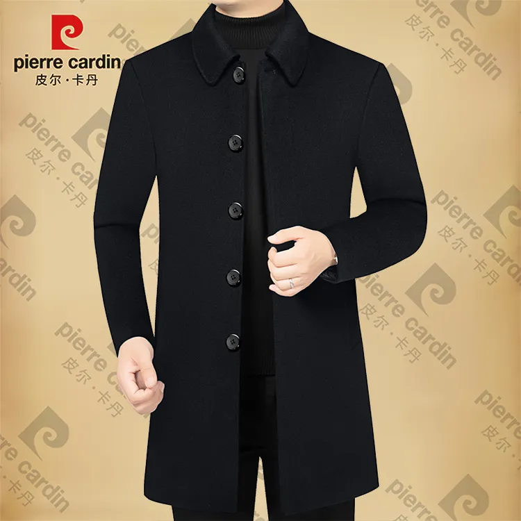 皮尔卡丹男士毛呢大衣翻领中长款夹克冬季保暖男装外套上衣时尚潮