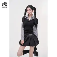 清-毛妮【蓝调轻吟】假两件拼接撞色衬衫领长袖上衣L2202