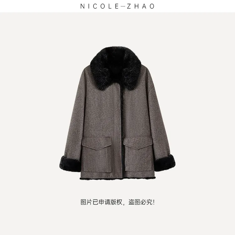 【银行家【贵姐NICOLE】限量版意大利LP毛呢双面穿貂防水外套4NWP045