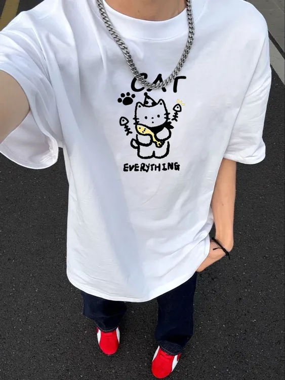 ANTI潮牌重磅纯棉“可爱猫”印花情侣装休闲宽松短袖T恤男女同款