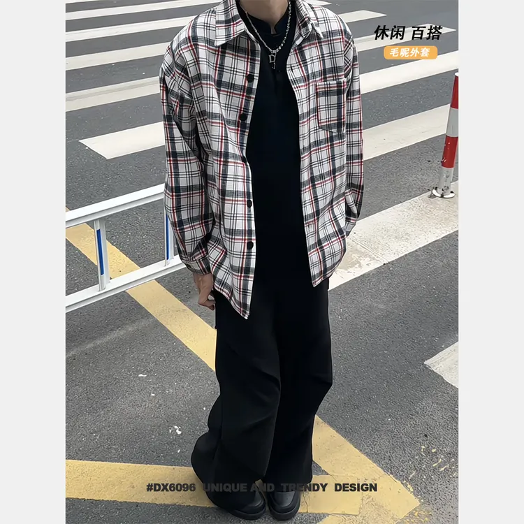 美式休闲格纹毛呢外套宽松翻领夹克长袖衬衫潮流秋冬男士格子外套