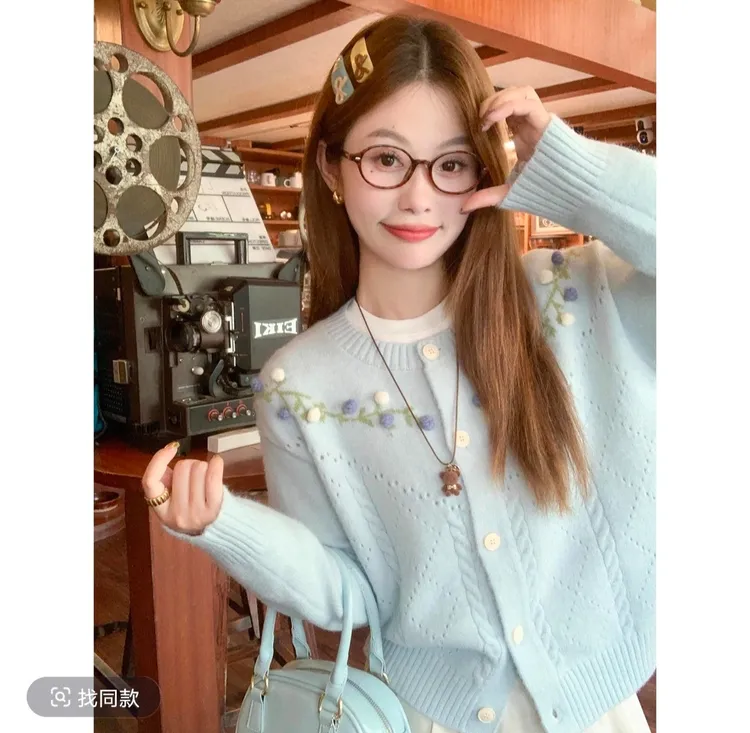 韩系百搭蓝色毛衣外套女2025秋冬新款外穿宽松圆领针织开衫971