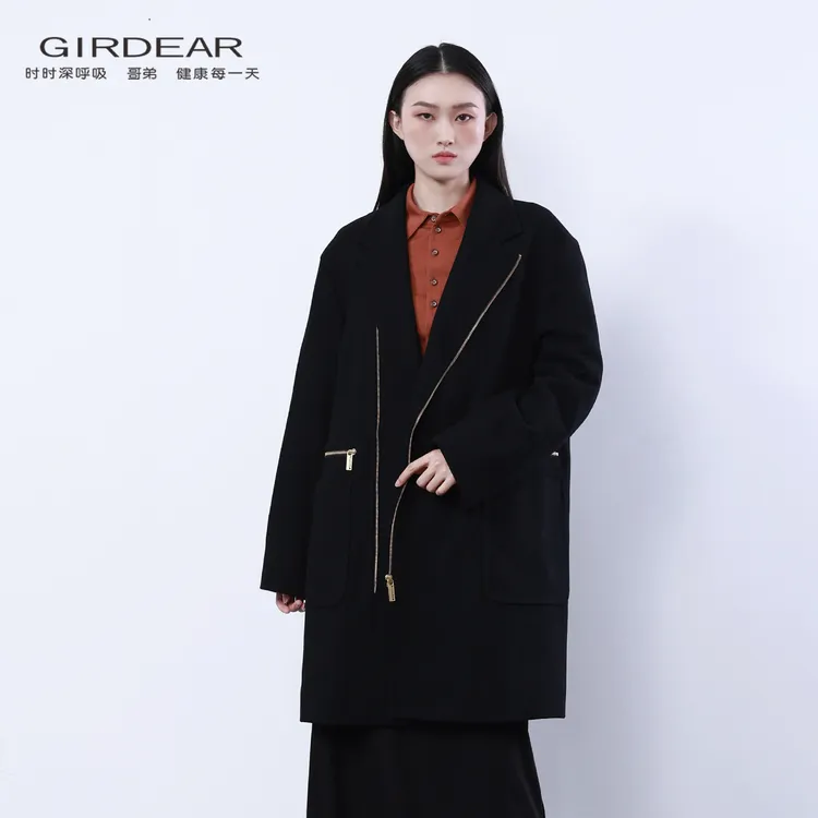 哥弟/GIRDEAR 秋冬新款时尚宽松西装领气质中长款毛呢外套140063